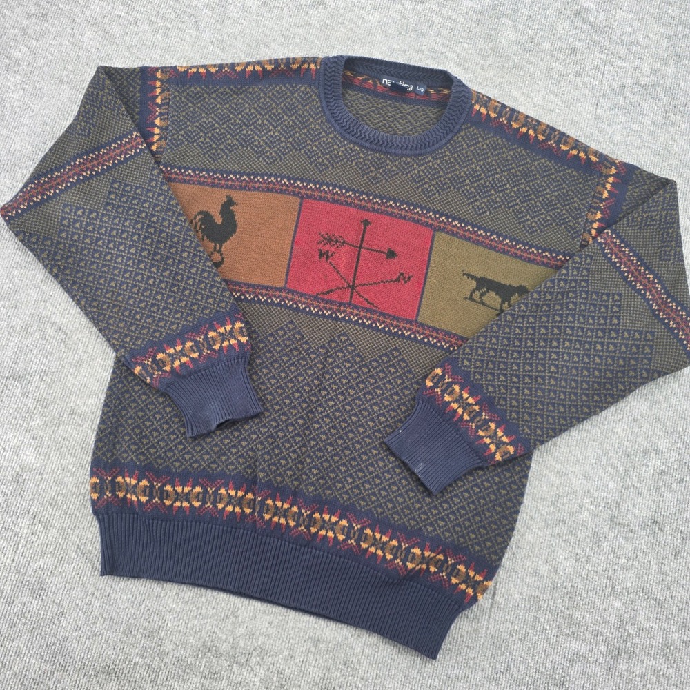 Vintage Nautica Cotton Intarsia Weather Vane Fair Isle Sweater Mens Large L
